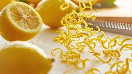 Lemon zest flying in dynamic motion creating beautiful spiral patterns as bright yellow strands cascade onto white cutting board