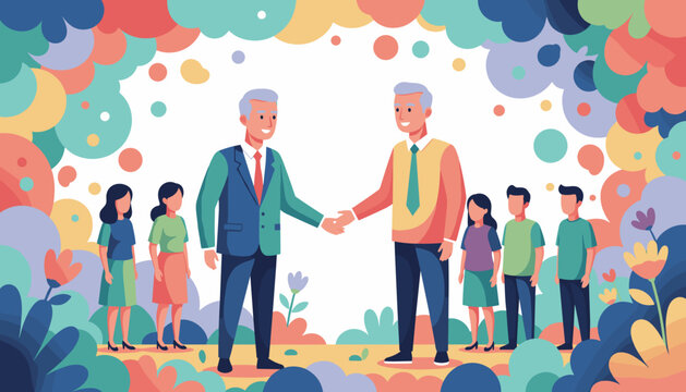 Business agreement handshake with a diverse team illustration showing partnership and corporate inclusion