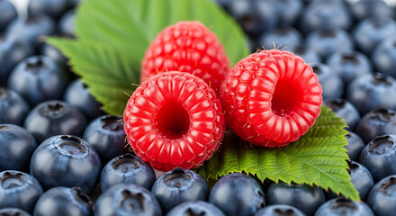 Fresh raspberries and blueberries with green leaves create a vibrant display