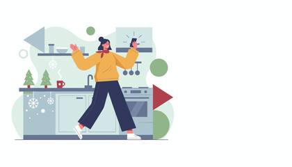 Happy woman holding smartphone in a cozy winter kitchen Flat vector illustration for communication and lifestyle