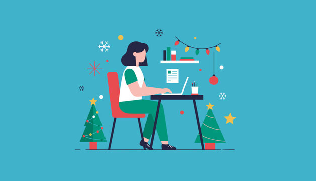 Woman working on a laptop at her festive desk Seasonal remote work and holiday business concept