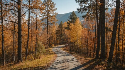 Fototapeta premium Autumn forest scene with a winding dirt road through trees in fall colors and distant mountains.