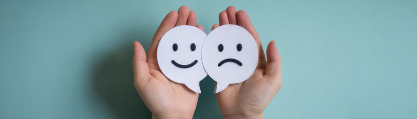 Hands holding paper cutouts of happy and sad dialogue bubbles on blue background expressing mixed emotions and communication concept