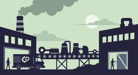 Obraz premium Factory production line logistics and industry illustration with workers and smog