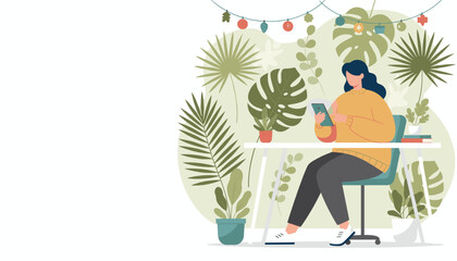Woman using a tablet at a desk surrounded by lush indoor plants Home office work from home or digital leisure