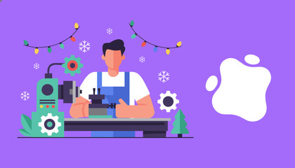 Industrial Christmas concept man works on a machine under festive string lights