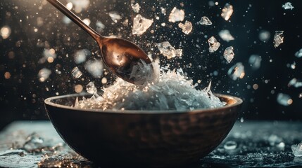 Spoon scooping ice shaved copper serving dark bowl crystals dramatic backlighting culinary ingredient movement fragments flying dynamic kitchen motion