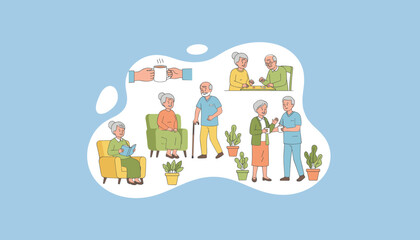 Elderly people activities reading games and healthcare support in a happy retirement home