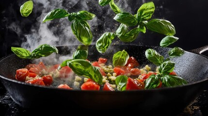 Basil toss motion dynamic leaves scattered different directions cast iron skillet cooking tomatoes garlic steam vapor kitchen action