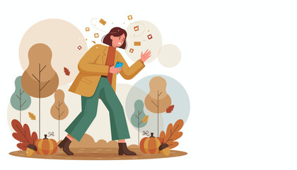 Woman stressed by digital notifications and social media overload while walking in an autumn park