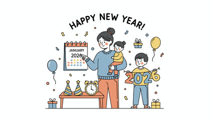Family celebrates Happy New Year 2026 with calendar children and party decorations