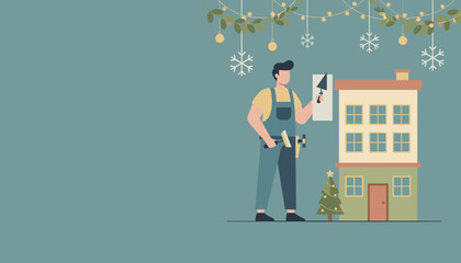 Handyman illustration repairing property during festive winter season
