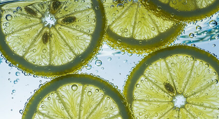 Fresh lemon slices floating in sparkling water with refreshing bubbles closeup