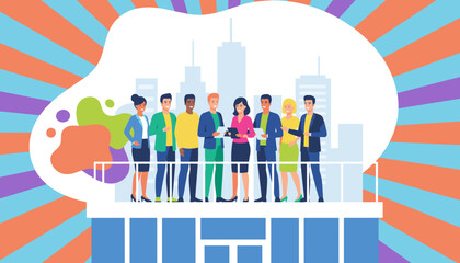 Diverse business team meeting on a city rooftop representing partnership and professional success