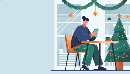 Woman using tablet at a decorated cafe table Cozy holiday season remote work or shopping