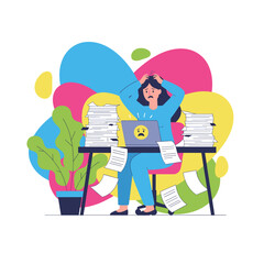 Overwhelmed employee stressed by excessive paperwork and massive workload causing professional burnout