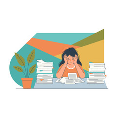 Stressed woman overwhelmed by piles of paperwork and deadlines symbolizing job burnout