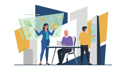 Business team collaborating on data visualization and digital strategy in a modern office