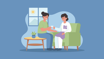 Supportive friend aids sad woman with glass of water Empathy and mental wellbeing illustration