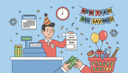Happy New Year 2026 sales event Cashier processes payment for savings on celebration goods