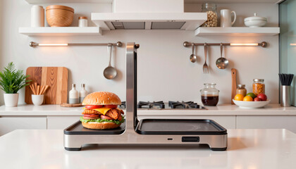 Minimalist sandwich maker with tasty burger in sleek kitchen, culinary art
