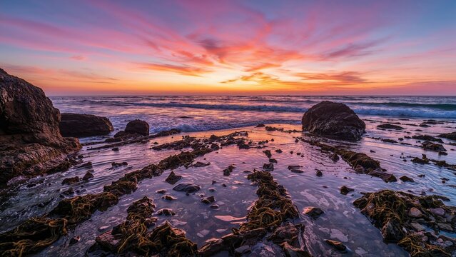 Sunset over the ocean with rocks and tide pools, vibrant sky and calm waves, scenic coastal landscape, natural beauty and tranquility.