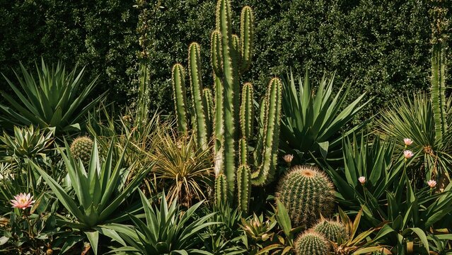 Cactus and succulents in a garden scene with various green plants, spines, and flowering cactus.