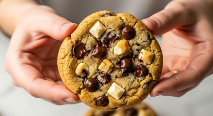 Hands present a delicious chocolate chip cookie with white chocolate chunks close up