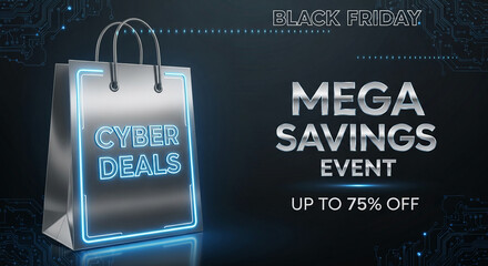 Metallic shopping bag with blue neon trim and text "Cyber Deals". It represents online sales event, "Black Friday", and discount promotion for shopper