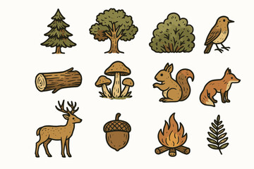 Fototapeta premium Icon pine campfire tree fern oak forest set vector cluster acorn