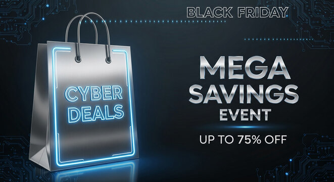 Metallic shopping bag with blue neon trim and text "Cyber Deals". It represents online sales event, "Black Friday", and discount promotion for shopper
