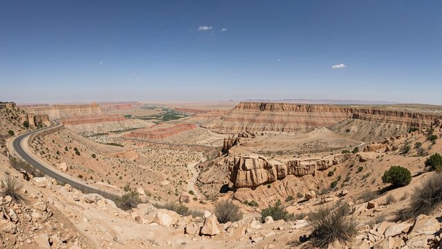 A vast canyon landscape under a clear blue sky with a winding road, showcasing desert terrain and layered rock formations.