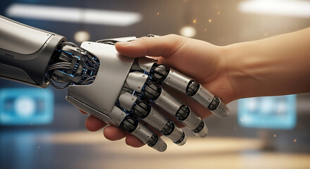 Human and robot hands shaking in agreement symbolizing future technology deals