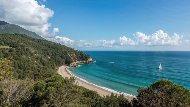 Scenic coastal landscape with beach, forested hills, and blue ocean under partly cloudy sky. - Powered by Adobe