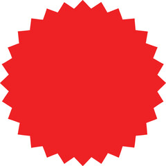 Red starburst shape with sharp points on white background Keywords: starburst, red, shape, blank