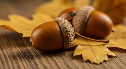 Warm autumn still life with three acorns on golden oak leaves and rustic wooden table