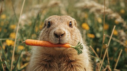 A close-up of a groundhog holding a carrot in its mouth, surrounded by grass and yellow flowers in a natural setting.