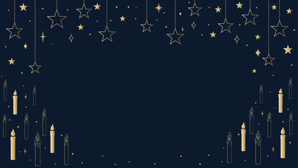 Elegant golden Christmas background with hanging stars and burning candles, festive New Year greeting card template with shimmering lights and copy space
