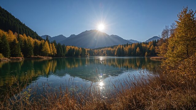 Scenic landscape of mountains and a lake during sunset with forest foliage and clear blue sky.