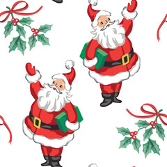 Santa Claus, mistletoe seamless pattern. Winter holiday wallpaper.