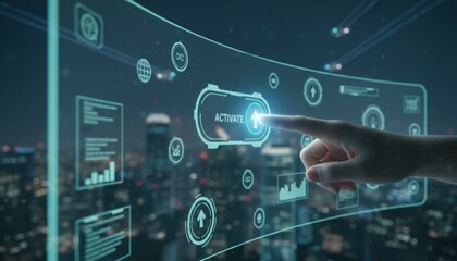 Touch Control Panel Home Concept. Futuristic interface with hand activating digital controls in a cityscape.