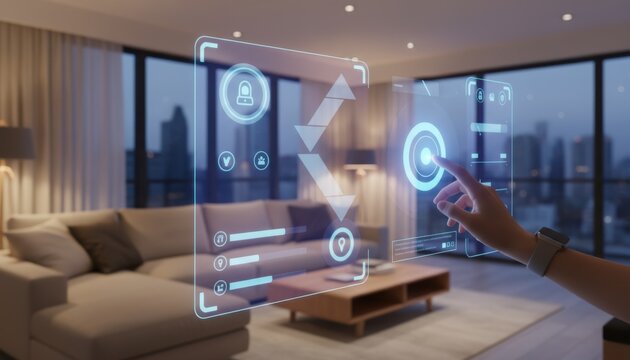 Touch Control Panel Home Concept. Modern smart home interface in a stylish living room setting. - Powered by Adobe