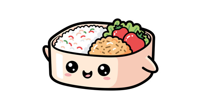 Cute Bento box with rice, vegetables, and smiling face design  