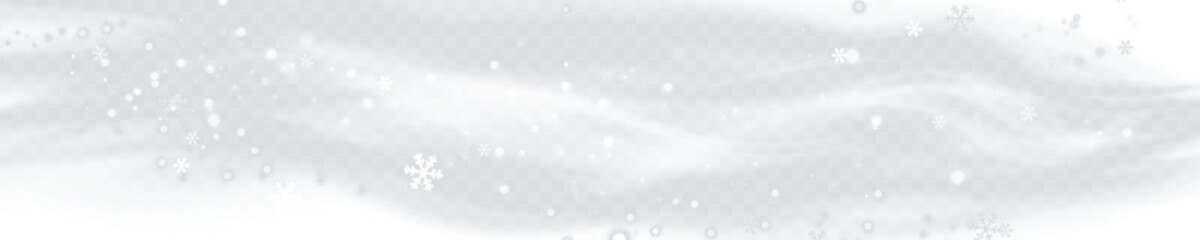 Winter snowstorm effect with snow, cold wind effect, soft fog and small snow particles on transparent background; winter Christmas design element.