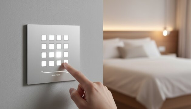 Touch Control Panel Home Concept. Modern touch panel in a stylish bedroom setting.