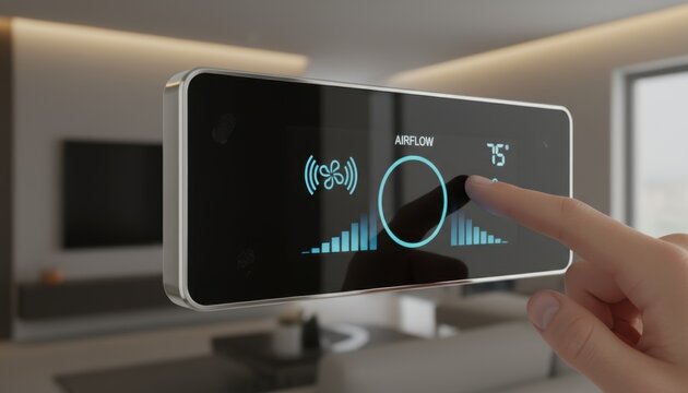 Touch Control Panel Home Concept. Smart home control panel with touch interface in modern living space.