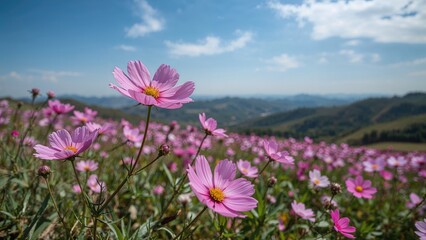 Obraz premium Pink flowers in a field with hills and blue sky in the background.