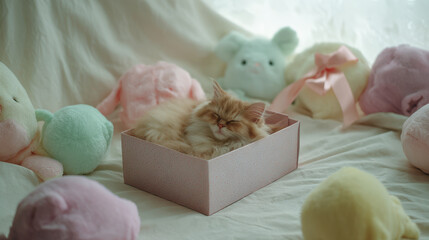 cozy scene featuring kitten peacefully sleeping inside gift box surrounded by soft toys