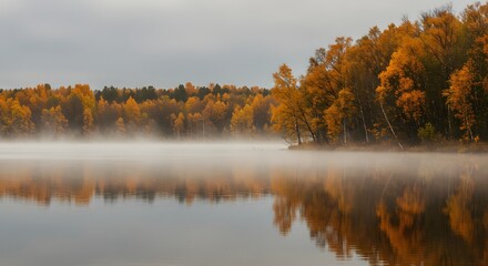 Misty autumn lake reflecting vibrant fall foliage under an overcast sky
