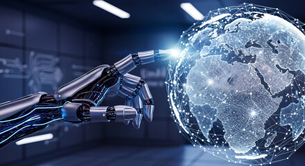 Robotic arm touching a digital globe representing global technology network